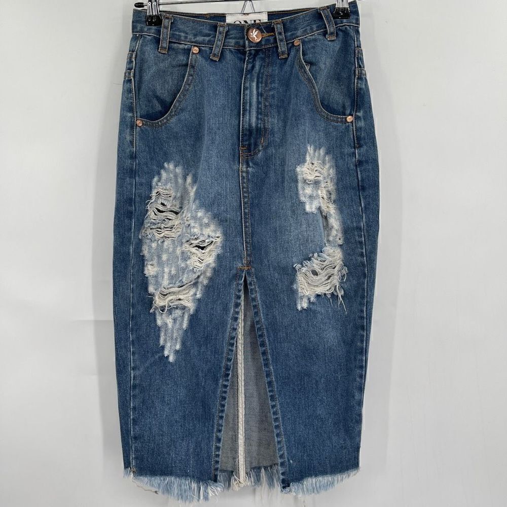One Teaspoon Blue Cadillac Pacifica Destroyed Denim Pencil Skirt Size 24